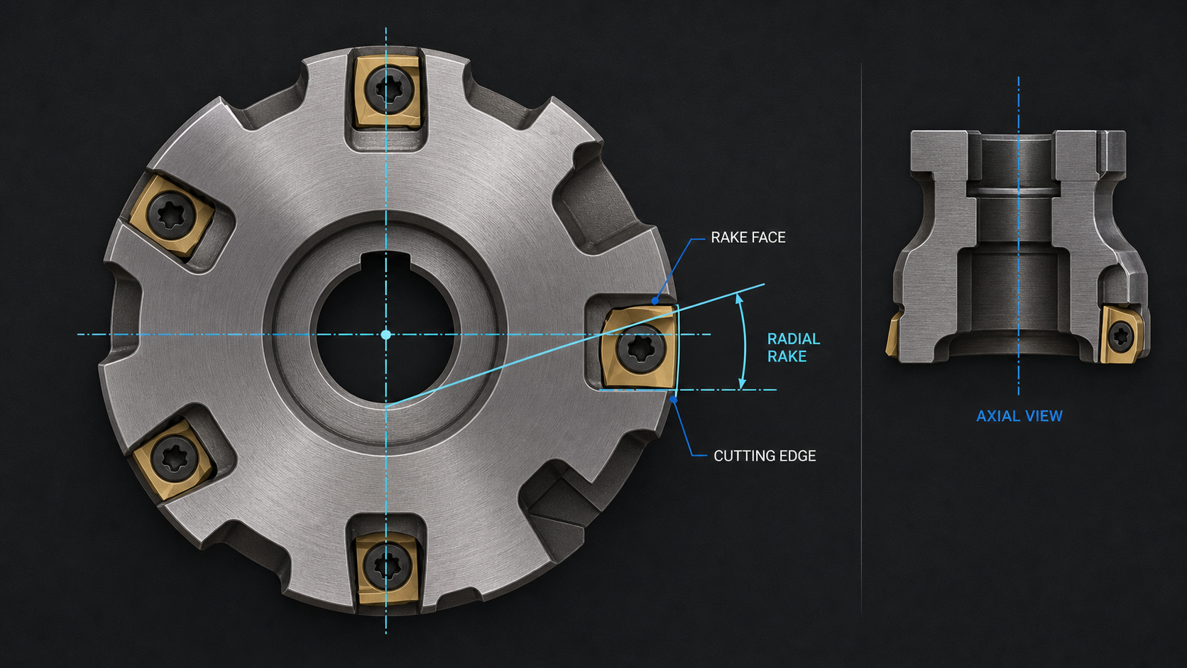 Technical cross-section locating the cutting edge, rake face and radial rake reference on a milling cutter.