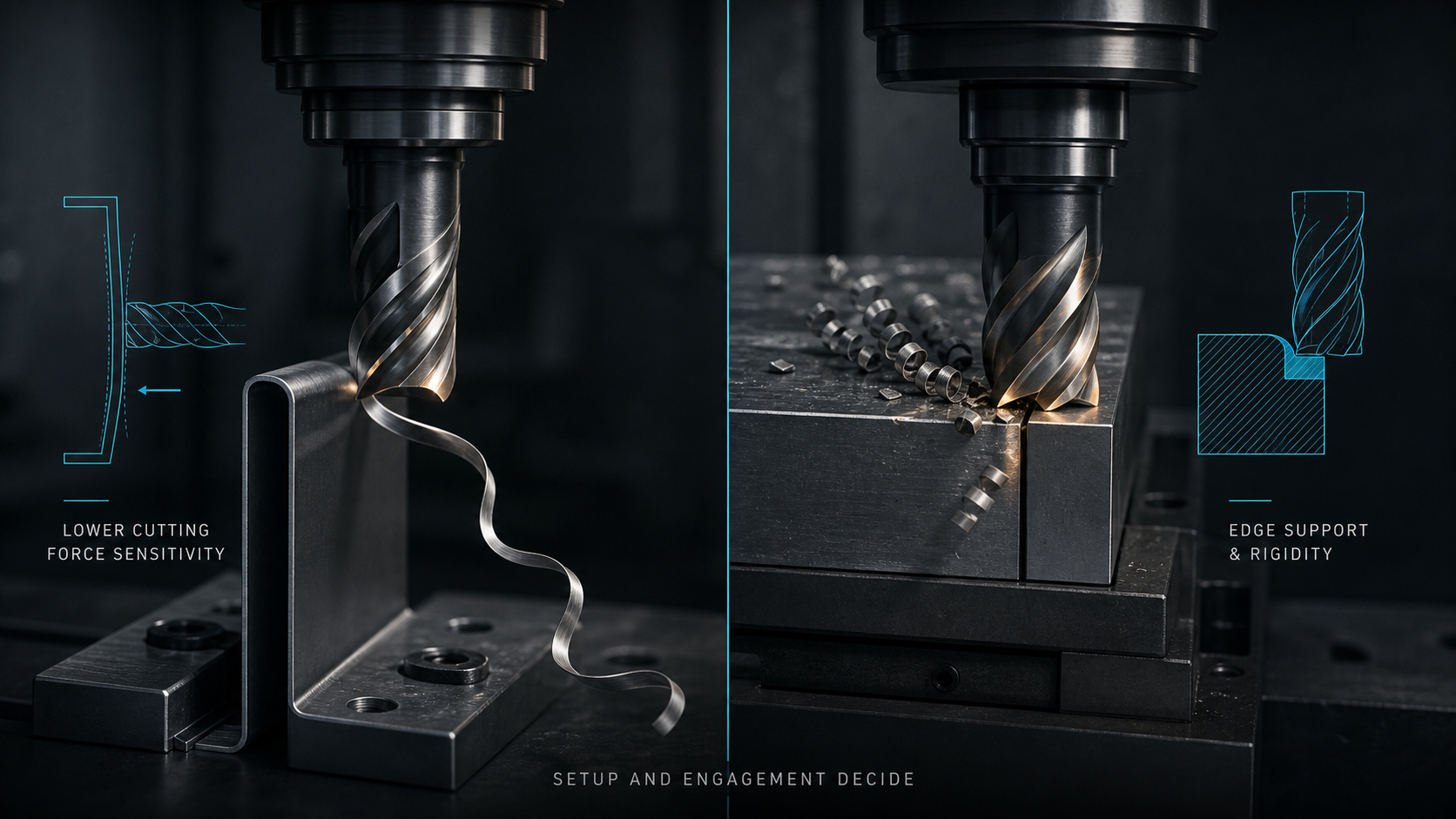 Selection diagram connecting rake choice to machine rigidity, workholding, tool reach, chip flow and edge loading.