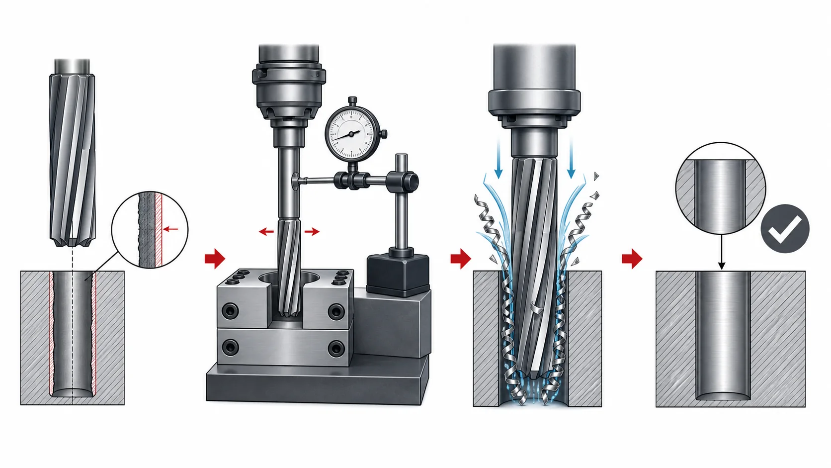 Technical diagram showing the sequence: prehole and stock, runout and setup, cutting action and chips, then one controlled verification hole.