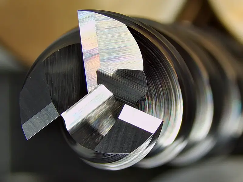 Close-up of an SCT end mill end face with an asymmetric cutting edge extending toward the tool center