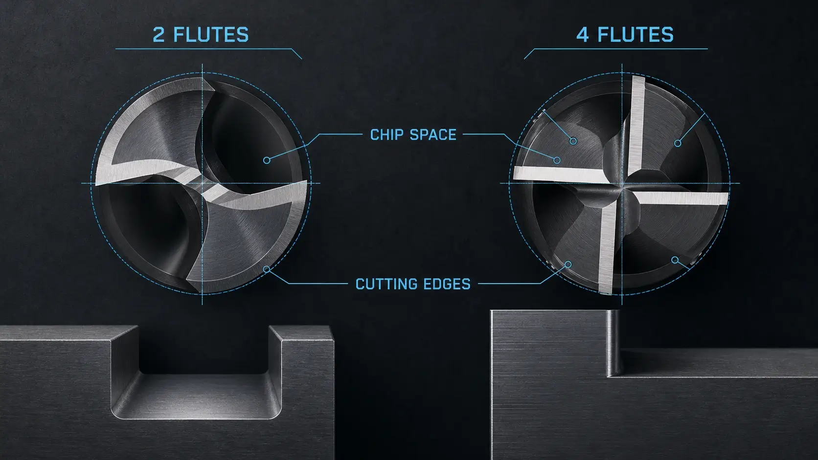 Technical comparison of chip space around two-flute and four-flute end mills.