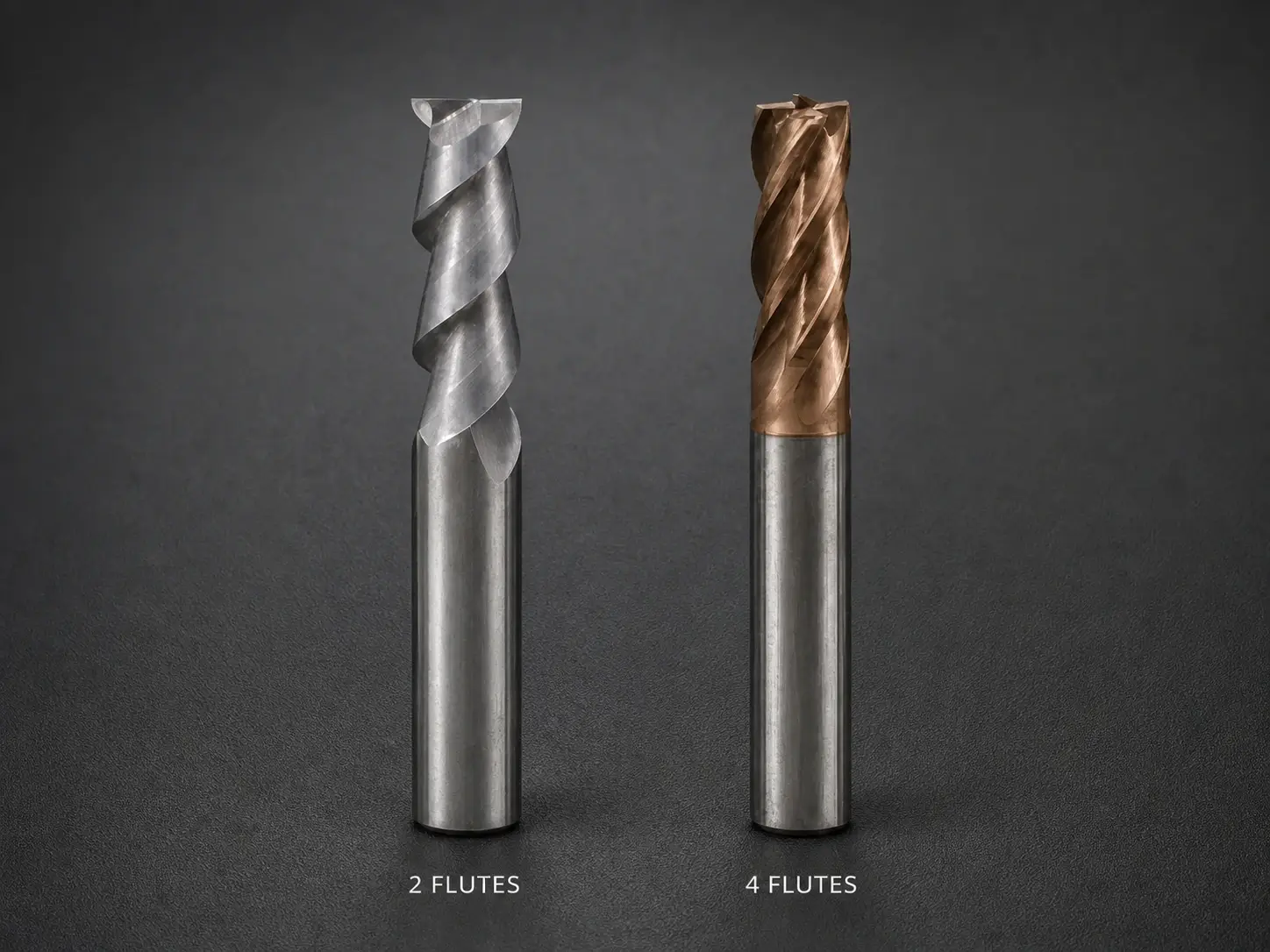 Two-flute and four-flute carbide end mills shown for a chip-space comparison.