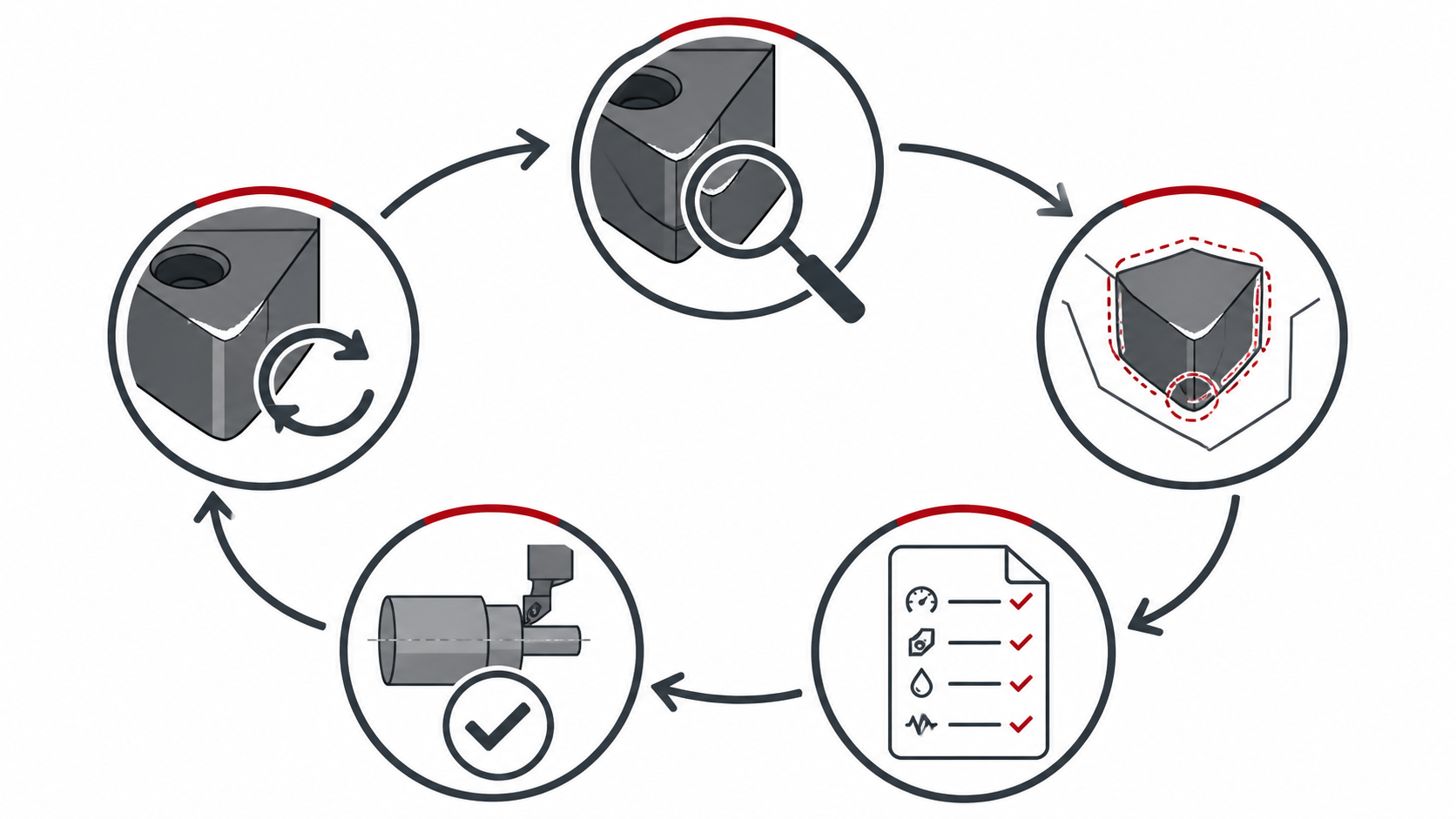 A loop showing edge observation, closer inspection, process-context checks, one verification, and inspection again.