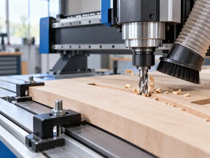 CNC router spindle and dust-extraction brush above a clamped wooden workpiece.