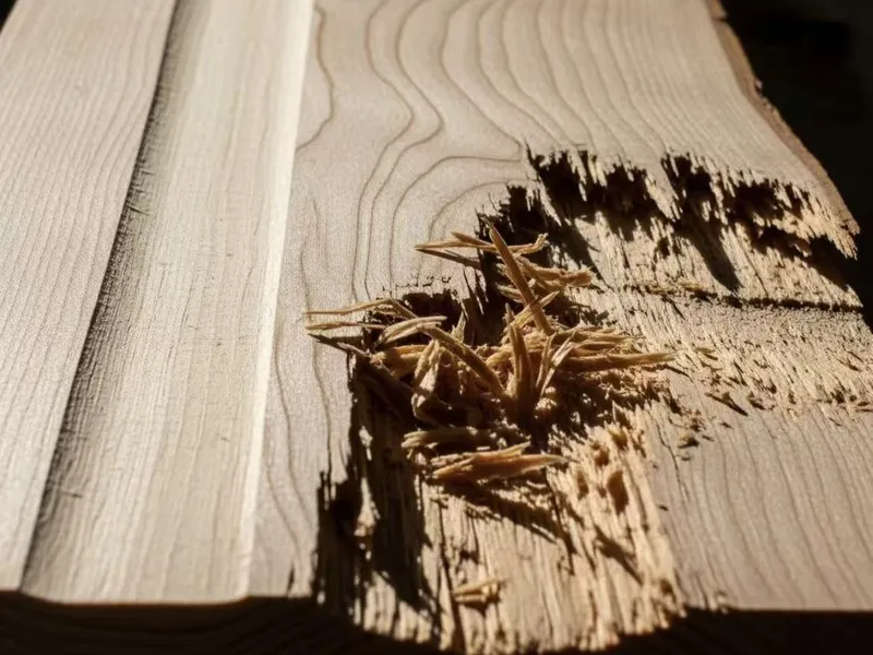 Large lifted splinters and missing material on a wood surface
