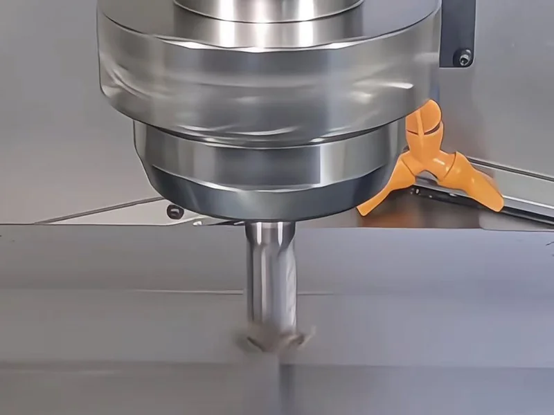 Close view of a milling cutter and metal workpiece