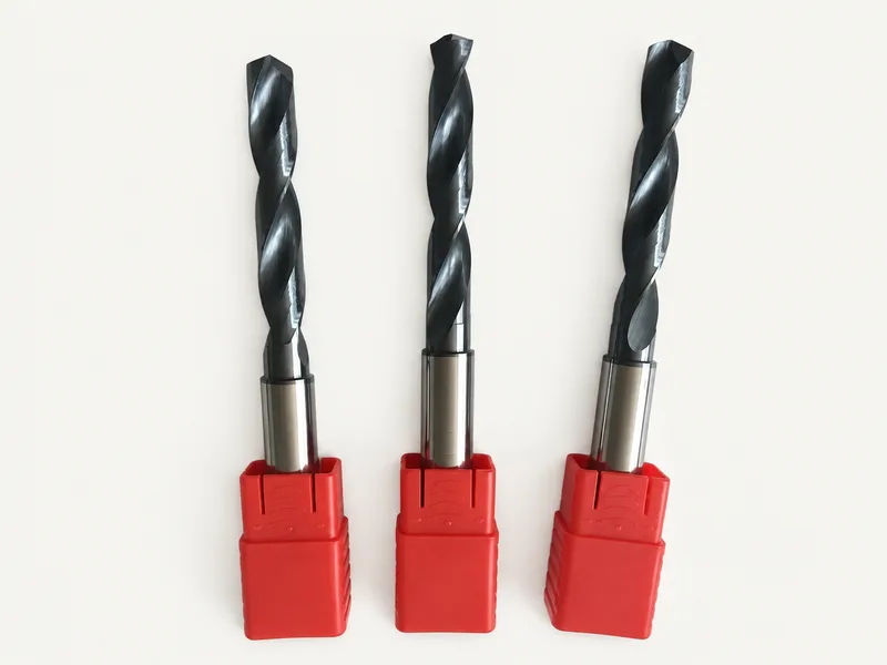 Three twist drills with red protective holders