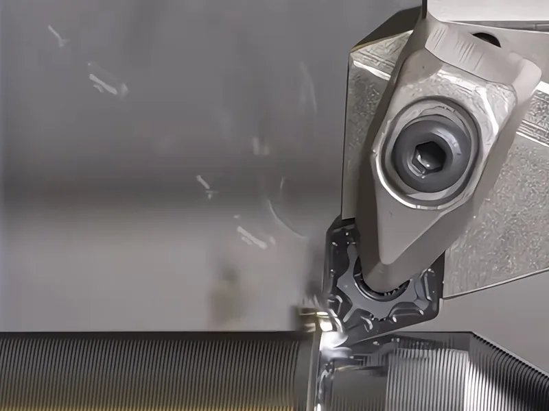A turning insert positioned at a cylindrical metal surface
