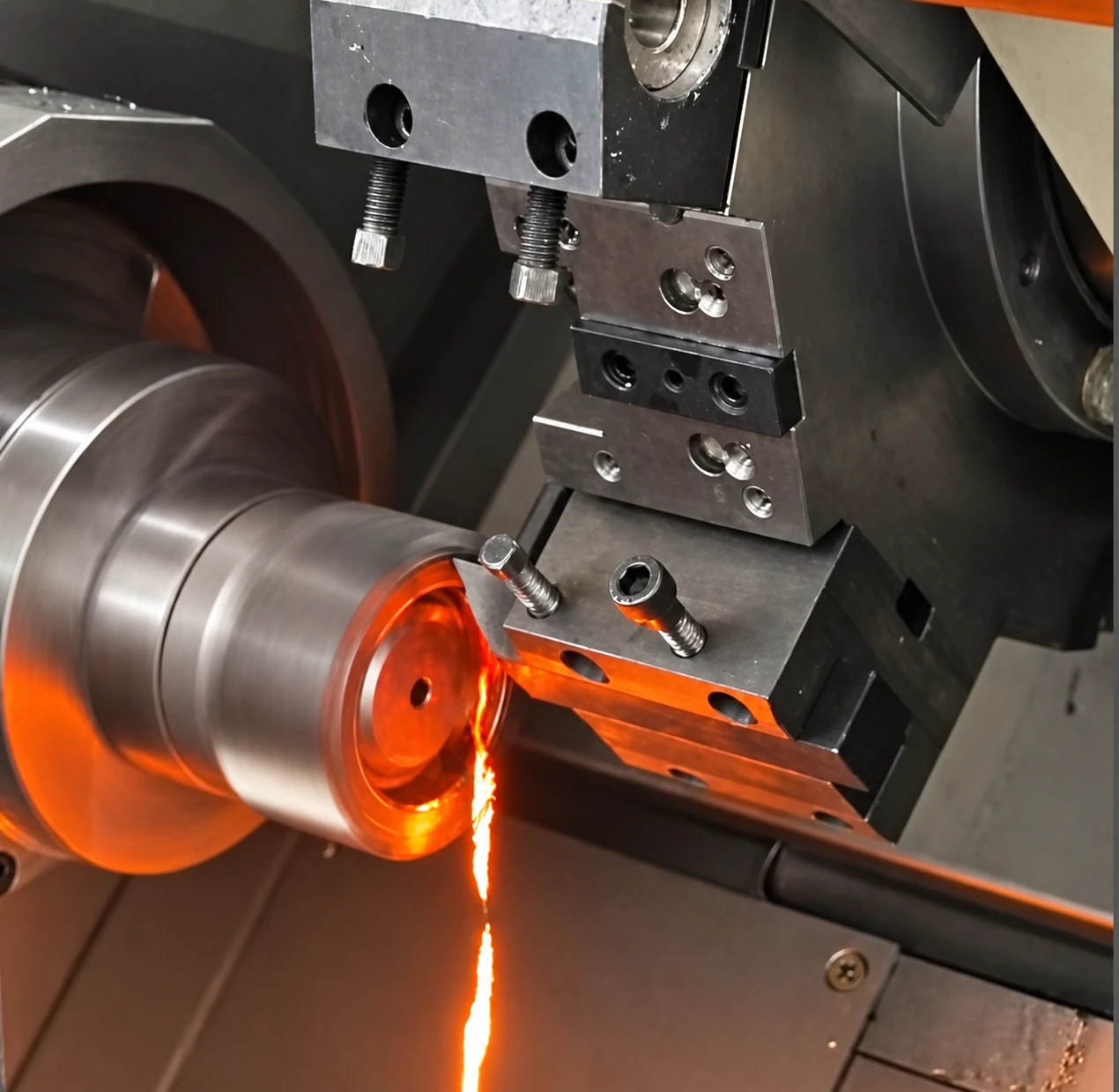 Lathe tool beside a rotating metal workpiece with a glowing chip at the cutting zone.