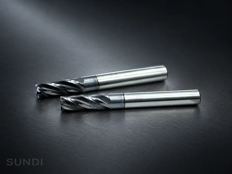 Two helical cutting tools against a dark background