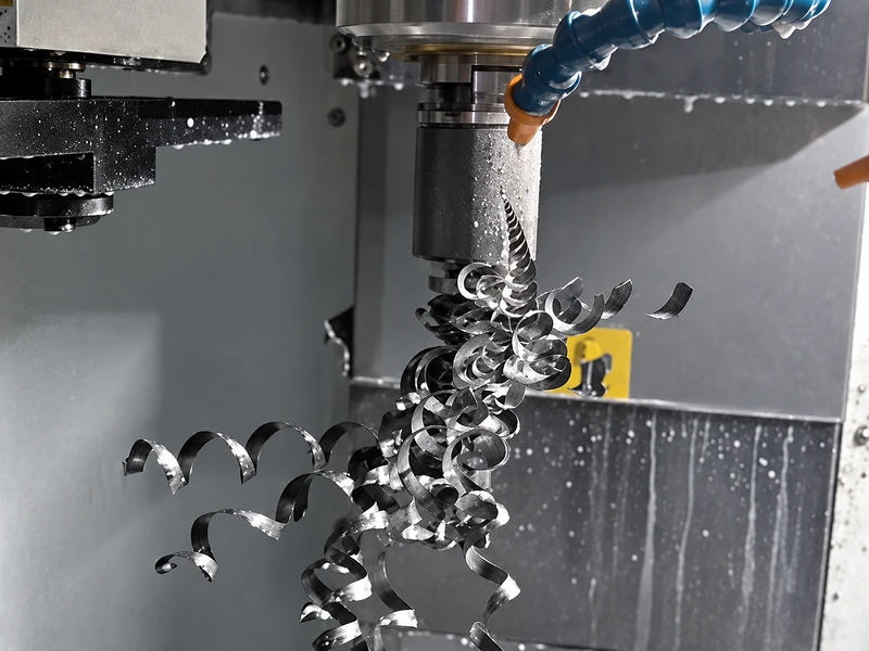 Long curled chips around a drilling tool near the workpiece