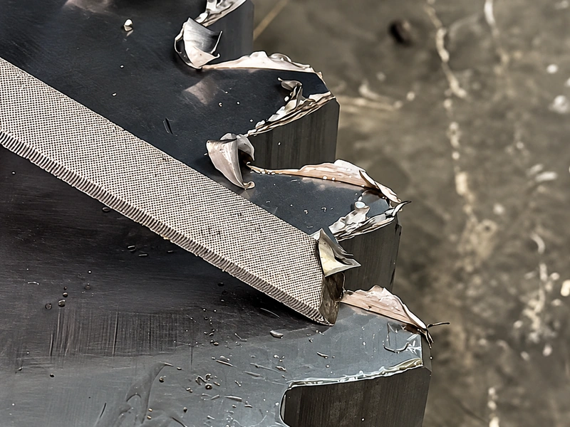 Close view of a cutting tool edge with irregular material around the cutting area