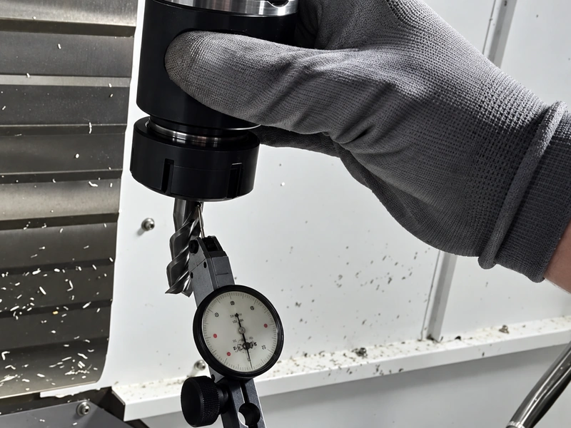 A dial indicator positioned against a cutting tool in the machine