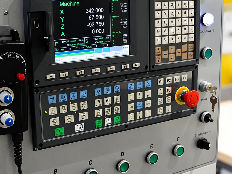 A CNC control screen displaying feed, spindle and position information